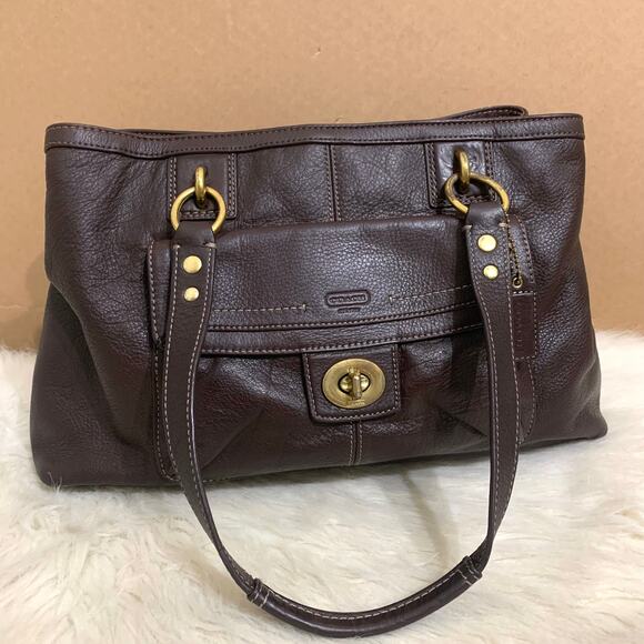 COACH Dark Brown Pebbled Leather PENELOPE Turn Lock Pocket CarryAll Tote F19044 - Picture 2 of 16